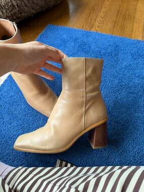 ALOHAS Beige Leather Block Heel Ankle Cape Boots